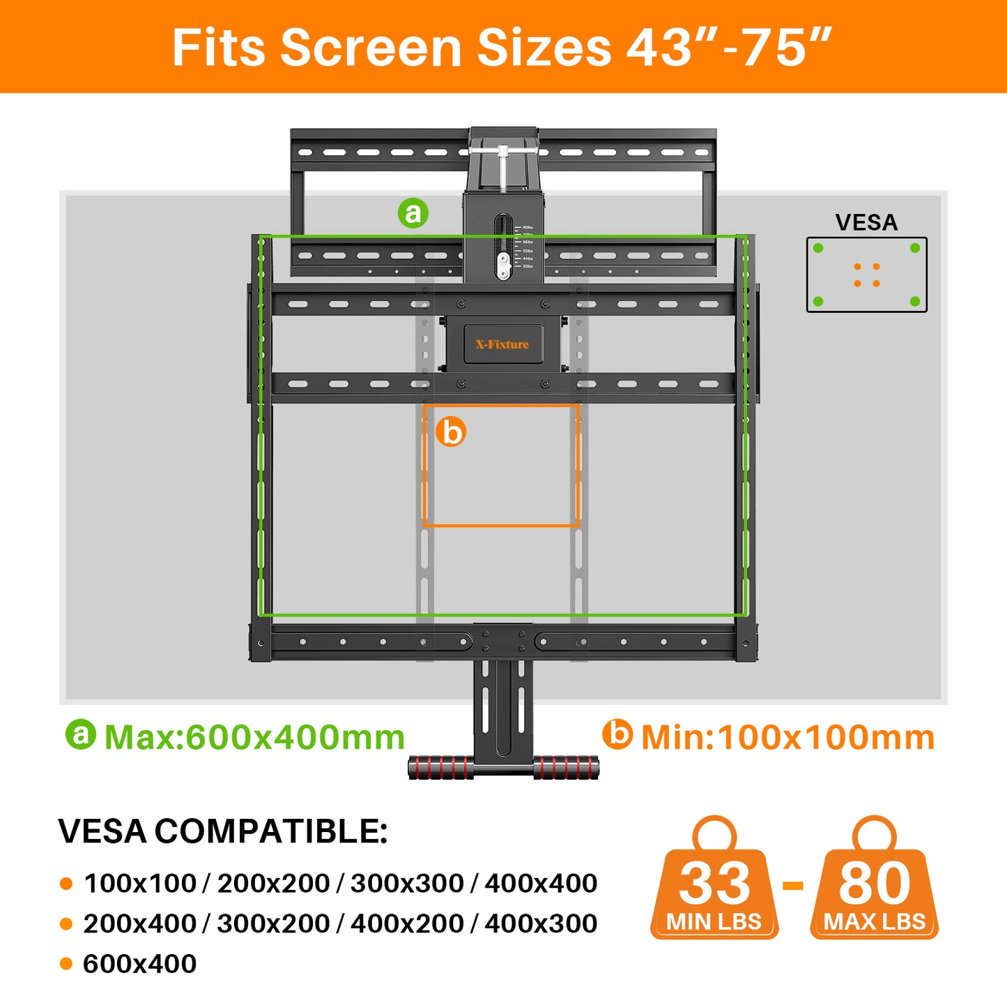 X-Fixture Fireplace Pull Down TV Mount, Above Fireplace Drop Down TV Mount for Most 43" - 75" Flat Screen/ LED/ 4K TV, Max VESA 600x400mm, Holds up to 80lbs, Mantel Bracket with Spring Assist